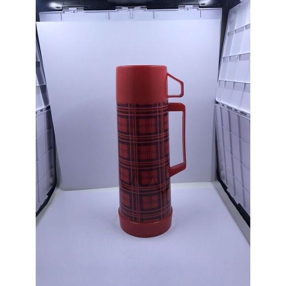 Aladdin pint  Thermos Red & Black Plaid Checkered complete plastic - Picture 4 of 11